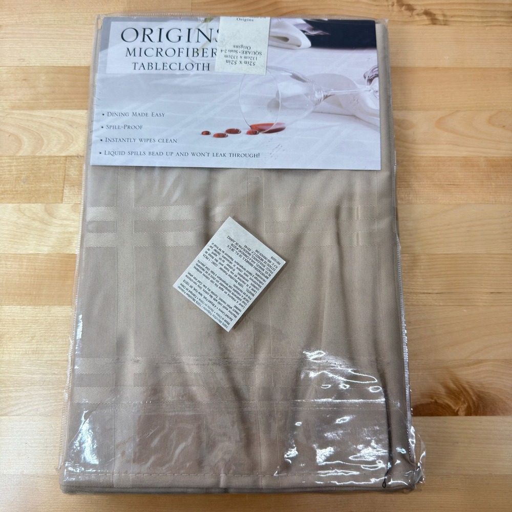 Origins Microfiber Tablecloth Beige Square 52x52 Spill Proof Damask Check NEW
